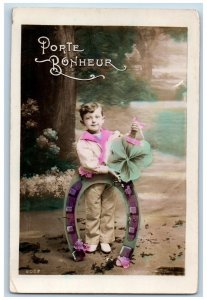 Porte Bonheur Postcard RPPC Photo Little Boy Horseshoe c1910's Posted Antique
