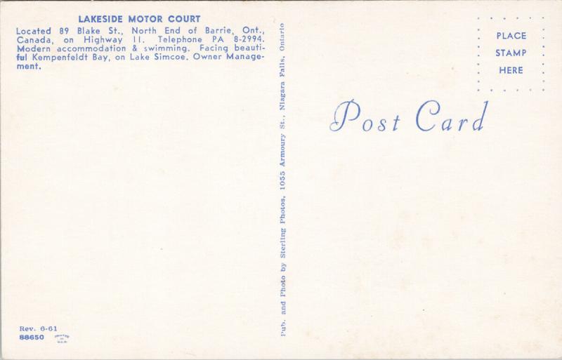 Lakeside Motor Court Barrie ON Ontario Unused Vintage Postcard D70