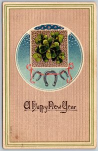 Vtg Happy New Year Greetings Horseshoes 4 Leaf Clovers Embossed 1910s Postcard