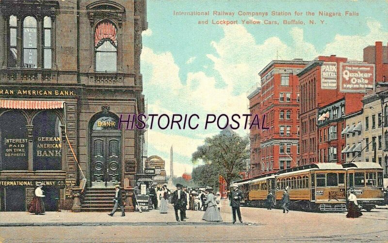 BUFFALO~RAILWAY STATION FOR YELLOW CARS~GERMAN AMERICAN BANK-ADV SIGNS POSTCARD