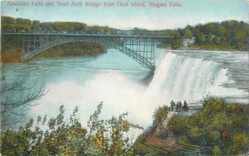 Canada american falls and steel arch bridge from Goat Island Niagara Falls