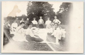 RPPC Seventeen Well-Dressed Folk Gathered Around Picnic Blanket~c1916 