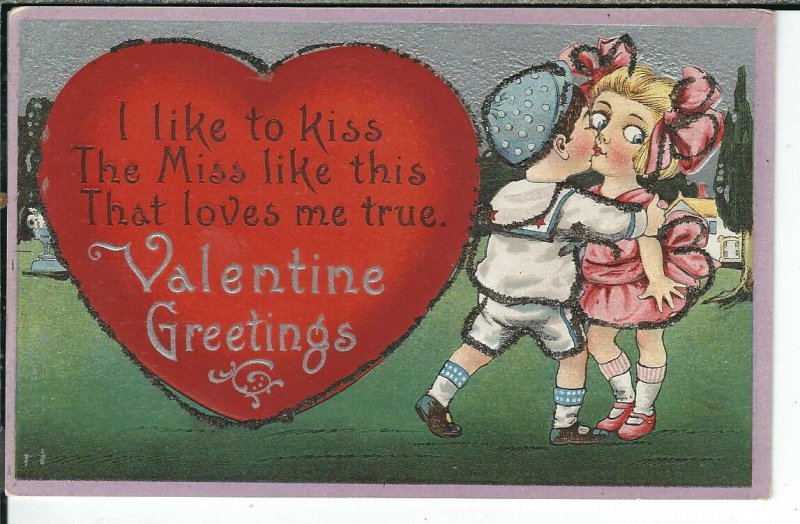 CH-072 Valentine Greetings Boy and Girl Kissing Heart Divided Back Postcard Mica