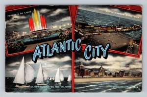 Atlantic City NJ-New Jersey Fountain Light Pier Sailing Hotels Linen Postcard 