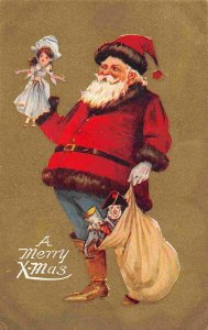 Santa Claus Holding Doll Toy Bag Merry Christmas 1910c postcard