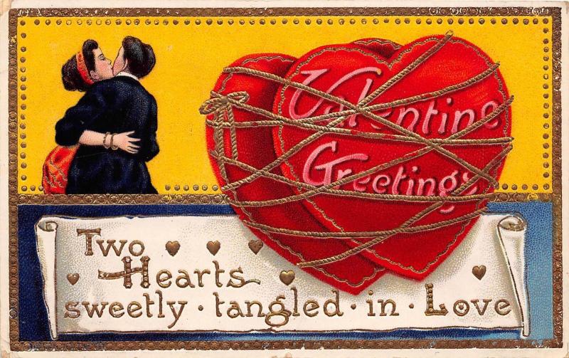 D61/ Valentine's Day Love Holiday Postcard 1912 Chagrin Falls Ohio Tangled GOld7