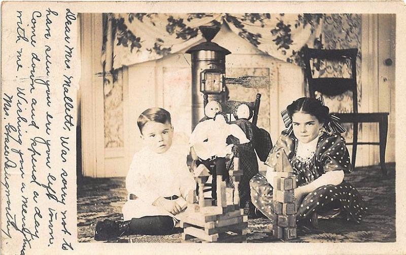 Westerly RI Children Playing w/ Dolls Blocks Toys Stove 1907 RPPC Postcard