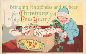 Christmas, Kew-Bee Bread Advertising Postcard, Signed W, Child with Holly