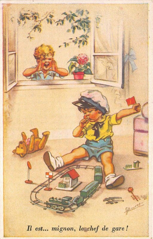 Lot171 germany Germaine Bouret artist signed postcard boy playing with trains