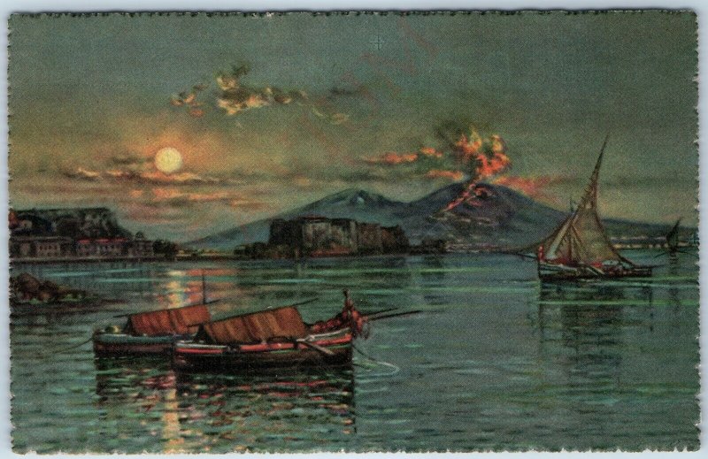 c1920s Naples Italy G Carelli Painting Vesuvius at Night PC Milano Scrocchi A206