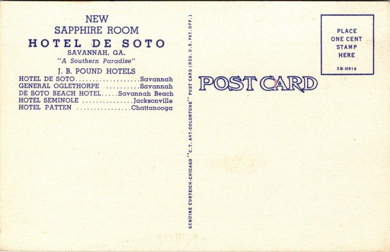 Linen Postcard Sapphire Room at Hotel De Soto in Savannah, Georgia~138490