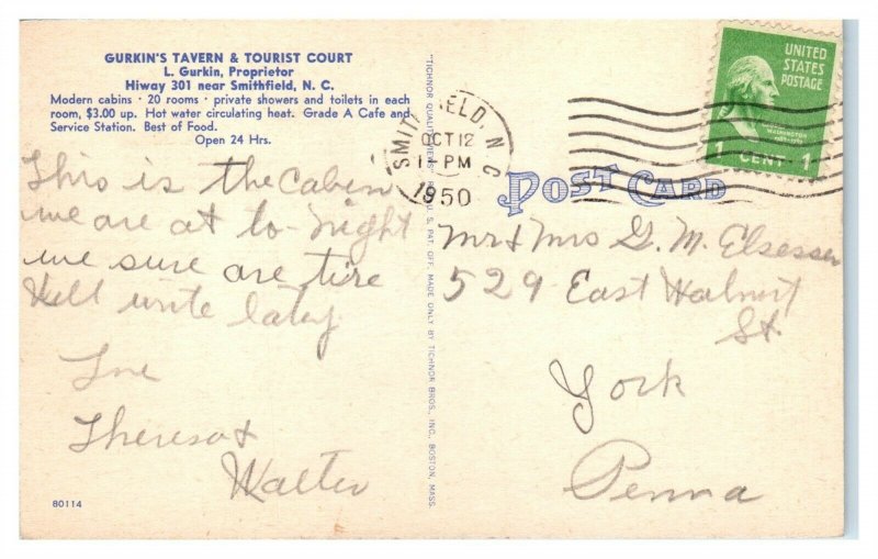 1950 Gurkin's Tavern & Tourist Camp near Smithfield, NC Postcard *6L(3)35
