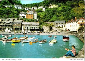 Clovelly, Devon UK England  THE HARBOUR  Homes~Boats~Boy Fishing  4X6 Postcard