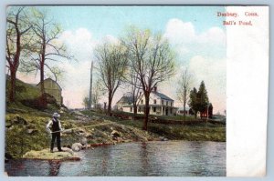 1910's BALL'S POND DANBURY CONNECTICUT MAN FISHING FARMHOUSE BARN POSTCARD