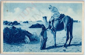 c1930s Libya Caravan Camp PC Young Girl Man on Camel Tent Desert Cyanotype A191