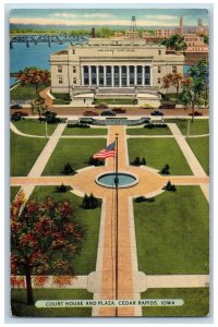 1939 Court House & Plaza Building US Flag Classic Car Cedar Rapids Iowa Postcard