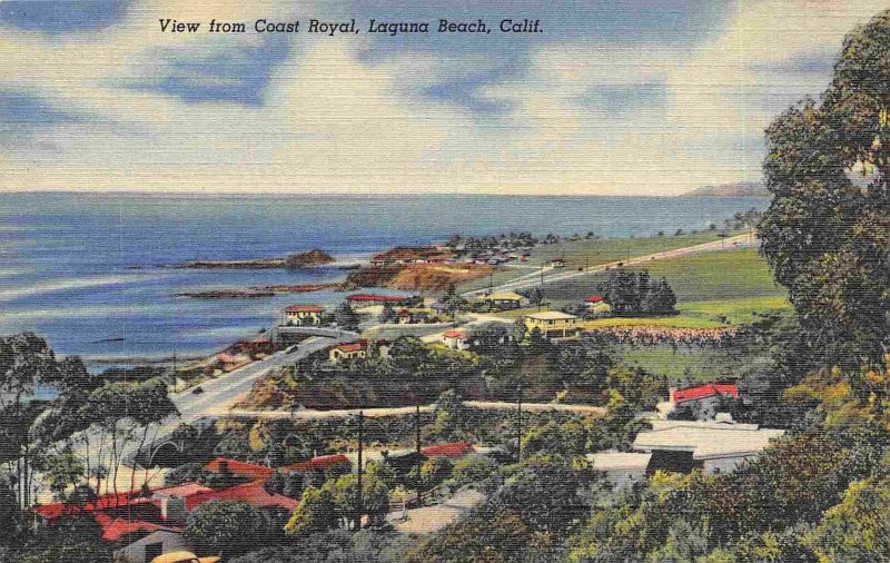 View from Coast Royal Laguna Beach California linen postcard