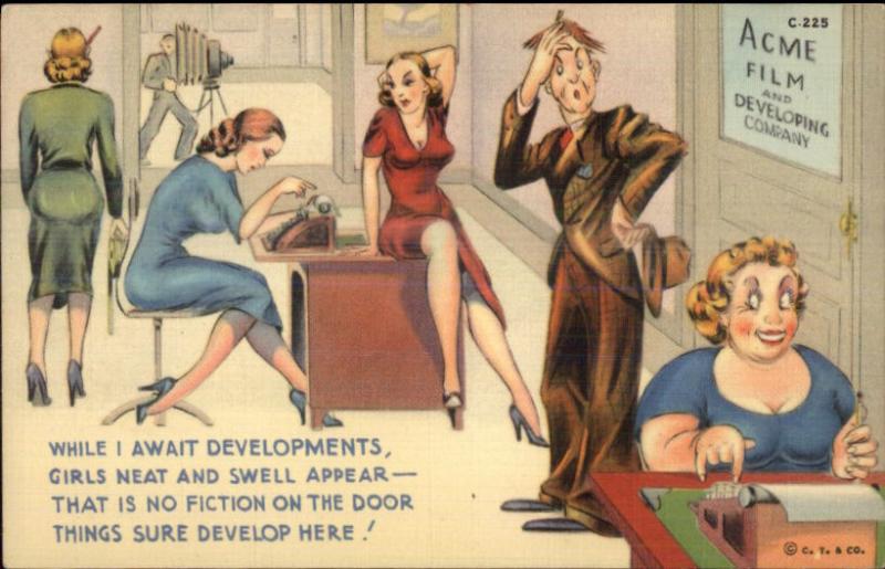 Sexy Women Office Secretary Acme Film Co Linen Comic Curt Teich Postcard Topics Risque