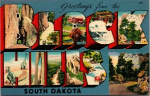 Vintage Large Letter Greetings Black Hills South Dakota SD Linen Postcard