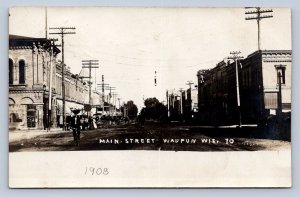 J90/ Waupun Wisconsin RPPC Postcard c1910 Main Street Stores People 289