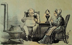 1882 Beehive 5 & 10¢ Old Lady & Man Reading Knitting Lamplight Stove F89