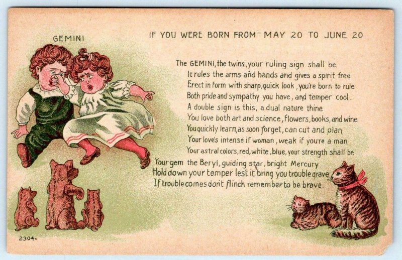 1910's-20's ERA ZODIAC POSTCARD*GEMINI*FIGHTING TWINS*CATS*KITTENS*TEDDY BEARS 