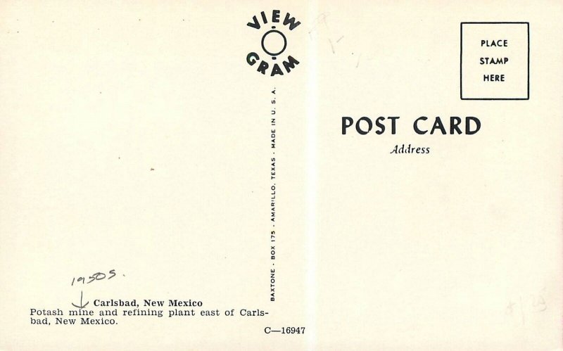 Postcard New Mexico Carlsbad Potash Mine roadside Baxtone 1950s 23-168