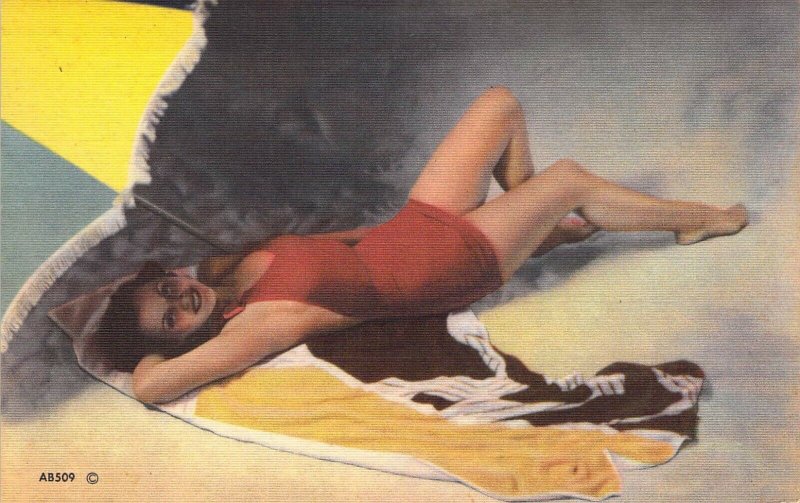 Beautiful Linen Era Pin Up, Girl at the Beach, Old Postcard