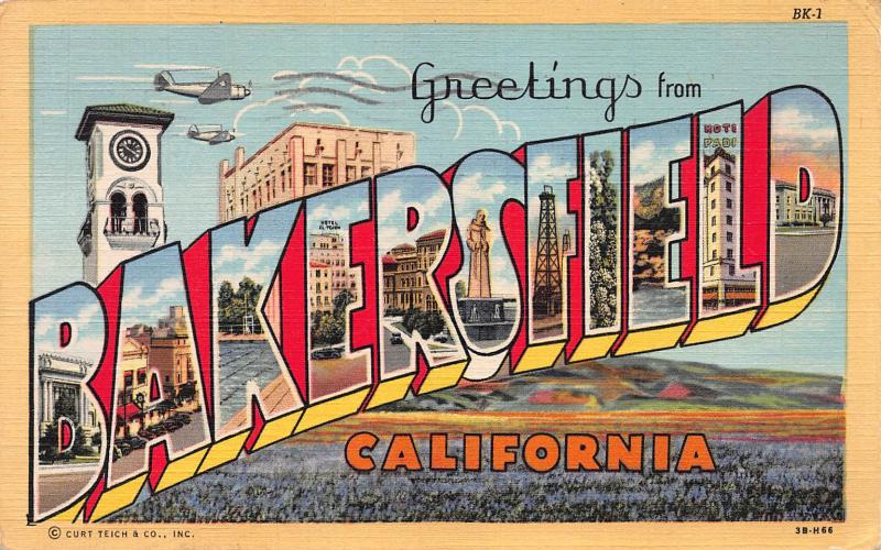 Greetings From Bakersfield, California, Early Linen Postcard, Used