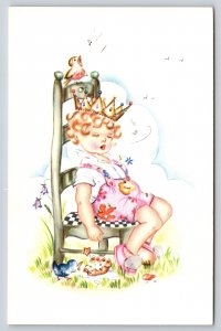 Artist Signed~Young Girl Asleep In Chair With Crown~Bird Sings~Belgium~Postcard