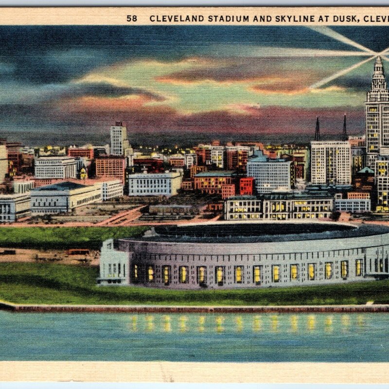 1934 Cleveland OH Downtown Dusk Night Stadium Skyline Tower Spotlight Teich A229