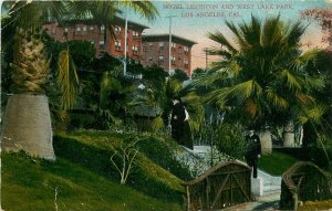 LOS ANGELES CA  HOTEL LEIGHTON AND WEST LAKE PARK POSTCARD c1909