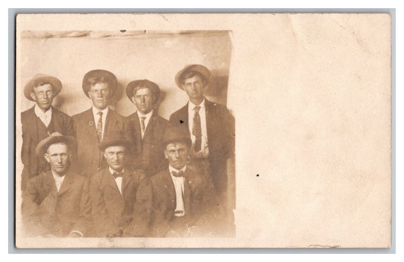Postcard Group Of Seven Men In Suits And Hats Posing RPPC 