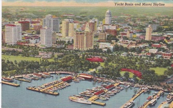 Florida Miami Aerial View Yacht Basin and Skyline 1952