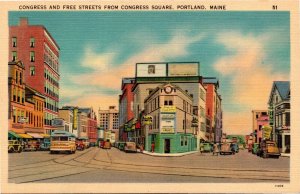 Postcard ME Portland Congress & Free Streets Drug Store Coca Cola Sign 1940s S88