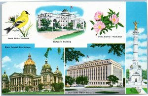 postcard Iowa State Bird, Flower, Capitol, Monument,Historical & Office Building