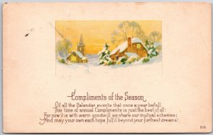 Compliments Of The Season, Snowy Village Scene & Poetic Verse, Vinatge Postcard