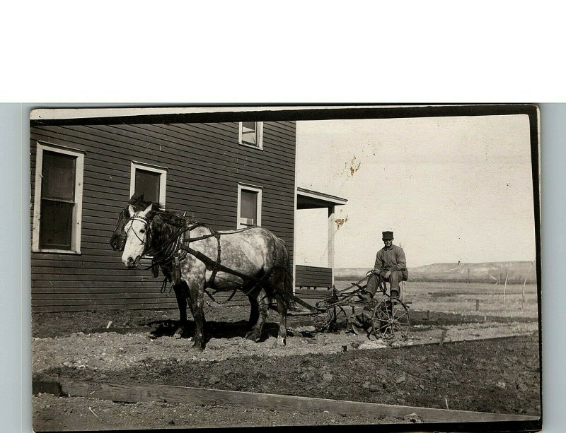 1930s Man on Plough Pulled by Team of Horses Garden Real Photo Postcard 6-26 