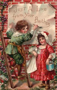 Vintage Postcard 1910's Just A Line From Your Brother Girl & Boy Sibling Writing