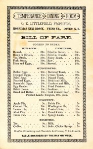 Menu - Temperance Dining Room, Dover, NH. Circa 1888