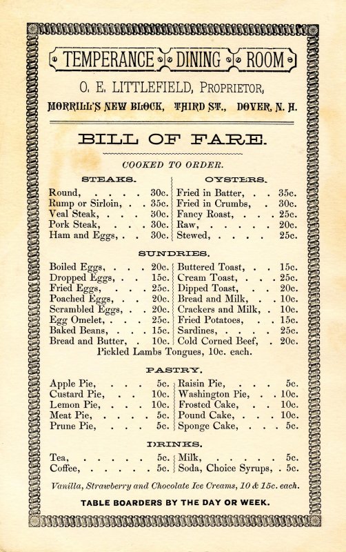 Menu - Temperance Dining Room, Dover, NH. Circa 1888