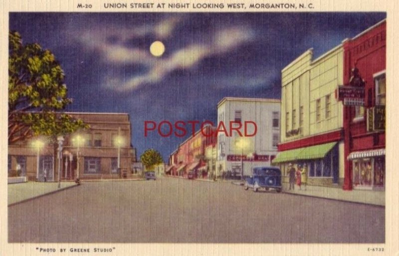 UNION STREET AT NIGHT LOOKING WEST, MORGANTON, N.C.