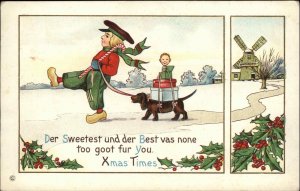 Christmas Dutch Dog Windmill Jack in the Box Holly Embossed Vintage Postcard
