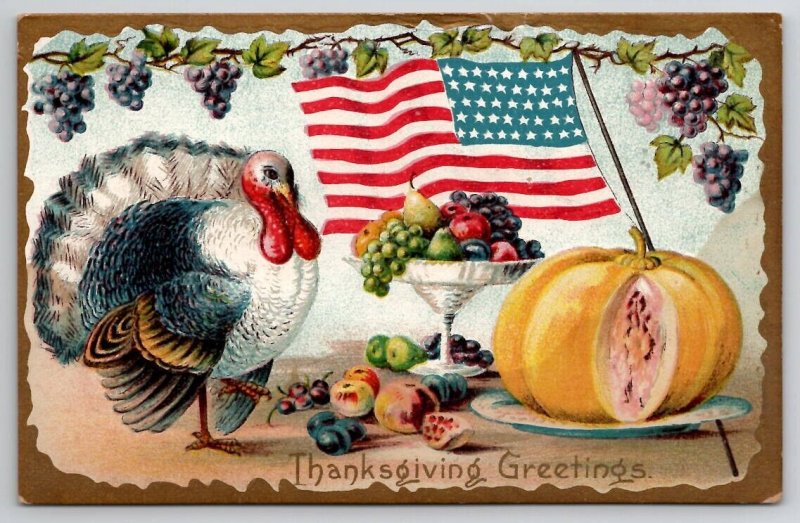 Thanksgiving Greetings Turkey American Flag 1911 Postcard C40