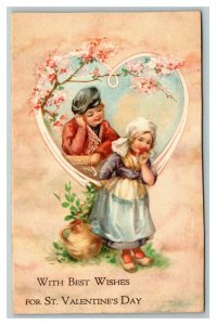 Vintage 1910's Gibson Valentines Postcard Cute Kids Blue Dress Pink Flower Heart