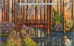 Charleston SC Rustic Bridge in Cypress Gardens Unused Linen Postcard H51