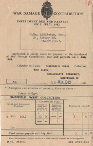 1942 War Damage Contribution WW2 Sheffield Yorkshire Receipt