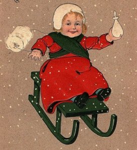 1907 Christmas Postcard Adorable Girl Riding Sled Vtg Snow Home Scene Embossed  