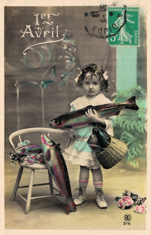 Aprils Fools Day Victorian Girl With Fish RPPC 06.80