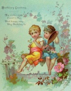 1880's Victorian Birthday Greetings Card Forest Scene Children Mirror Flowers &W